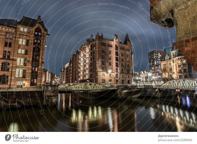 Hamburg Speicherstadt at night River Town Architecture Vacation & Travel Europe Bridge Manmade structures Night Appearance Quarter Gray Channel