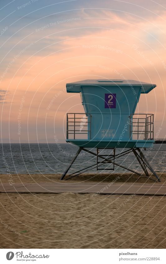 rescue tower Summer Sun Beach Ocean Waves Landscape Sand Water Sky Horizon Sunrise Sunset Beautiful weather Warmth Coast Long Beach California North America