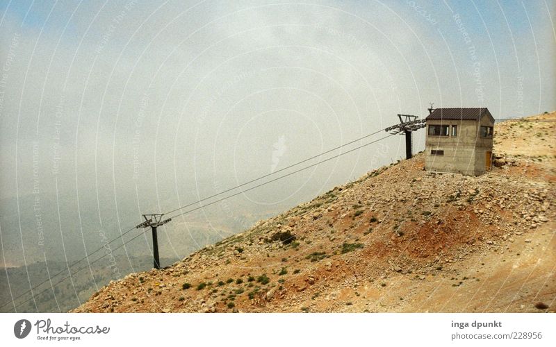 orphan Freedom Expedition Mountain Landscape Air Autumn Wind Fog Rock Peak Hut Cable car Vacation & Travel Gloomy Loneliness Moody Israel Colour photo