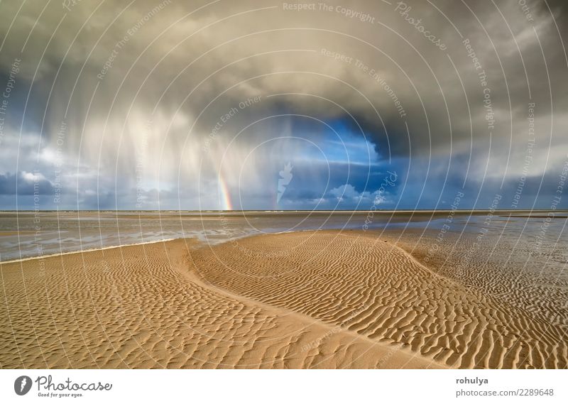 storm cloud and rainbow on sand North sea beach Vacation & Travel Beach Ocean Island Nature Landscape Sky Clouds Horizon Weather Storm Rain Waves Coast