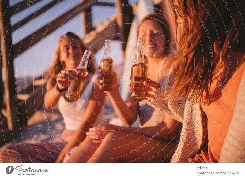 Young adult friends toasting with beer in sunset at the beach Beer Bottle Joy Happy Vacation & Travel Summer Beach Party Going out Feasts & Celebrations