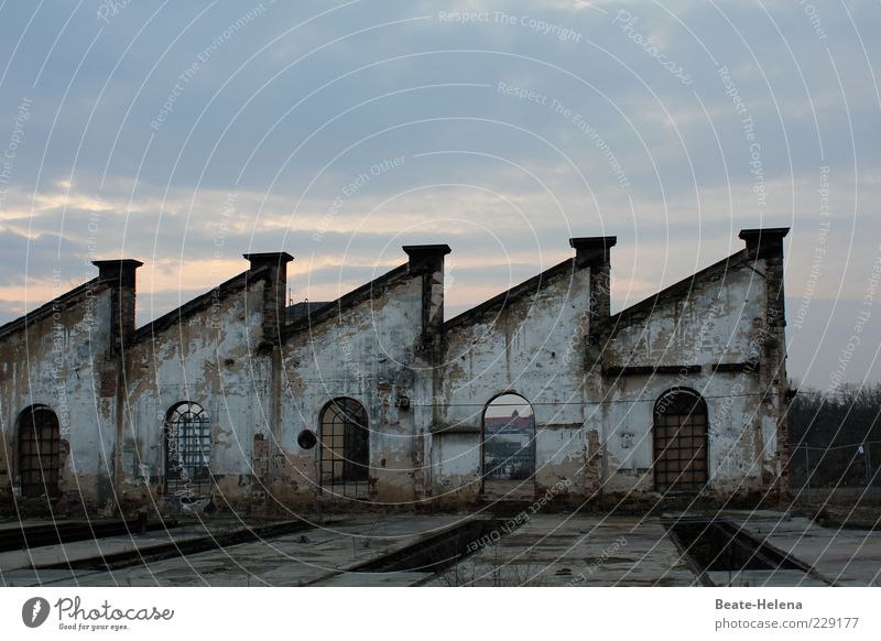 At the end Wall (barrier) Wall (building) Facade Window Brick Old Sharp-edged Retro Blue Gray Morbid Terminus Apocalyptic sentiment End Past Colour photo