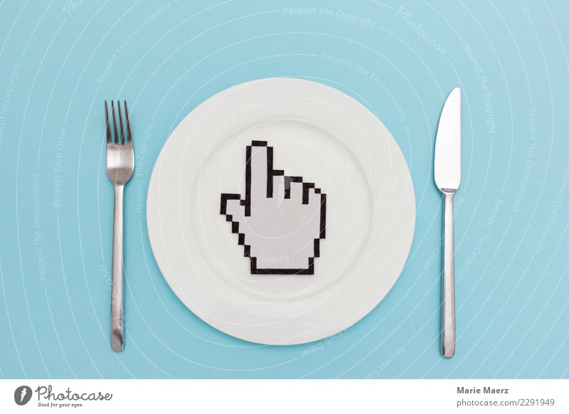 Click click hunger. Mouse hand pointer on empty plate. Nutrition Lunch Dinner Fast food Plate Cutlery Shopping Eating Business Internet Diet Relaxation