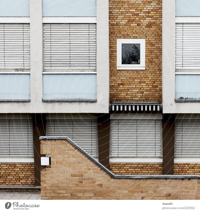 house front House (Residential Structure) Wall (barrier) Wall (building) Facade Blue Brown White Stairs Window Brick Roller shutter Closed Graphic Colour photo