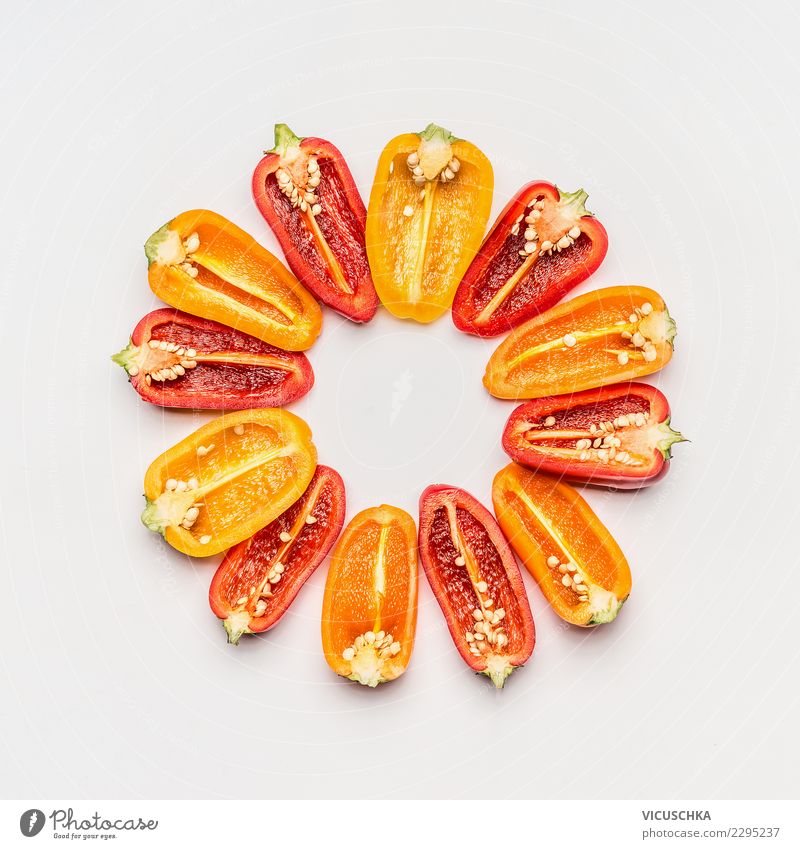 Halved bell pepper round frame on white Food Vegetable Style Design Pepper Division Frame Round Bright background Organic produce Food photograph Colour photo