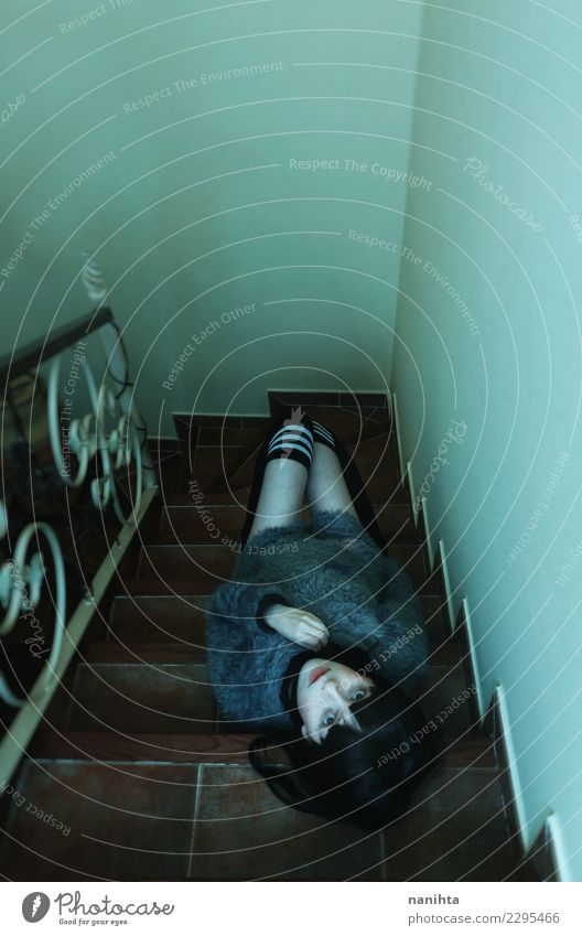 Young creepy woman lying down over a stairs House (Residential Structure) Interior design Human being Feminine Young woman Youth (Young adults) Woman Adults 1