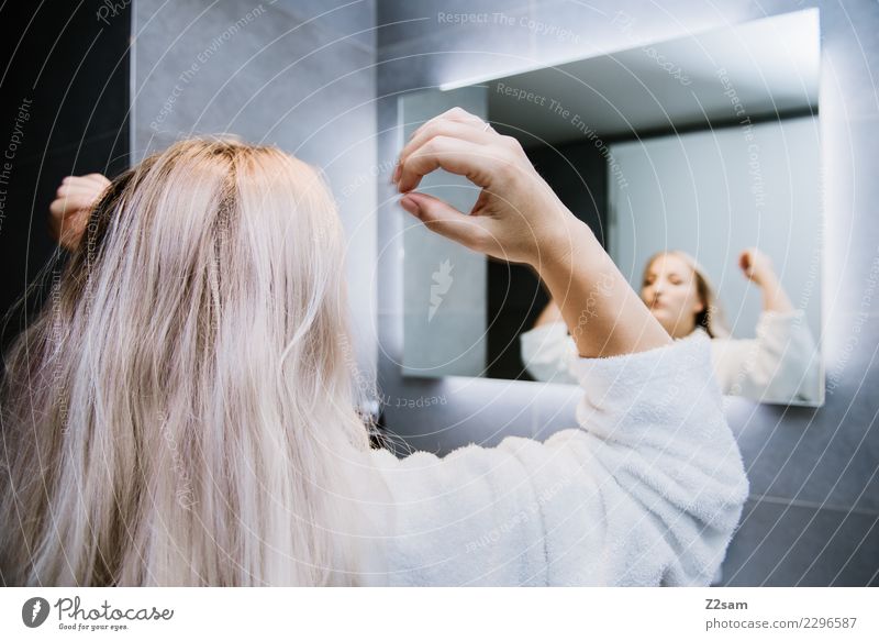 styling Lifestyle Elegant Style Beautiful Hair and hairstyles Feminine Young woman Youth (Young adults) 30 - 45 years Adults Bathroom Bathrobe Blonde