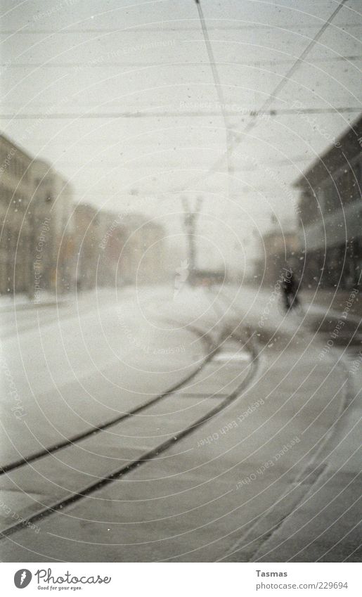 Silent Snow Bad weather Storm Snowfall Train station Cycling Bicycle Rail transport Train travel Railroad tracks Cool (slang) Cold Colour photo Blur
