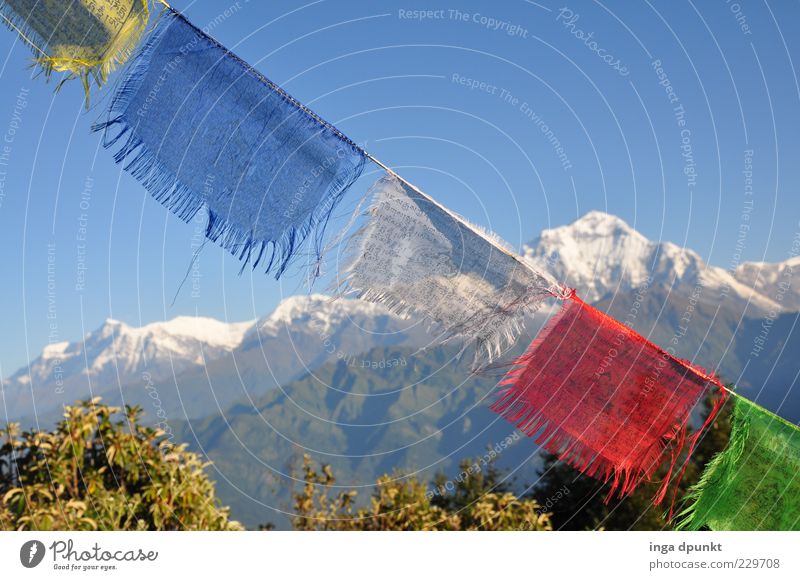 morning air Far-off places Mountain Environment Nature Landscape Elements Beautiful weather Wind Peak Snowcapped peak Flag Cloth Infinity Cold Climate Nepal
