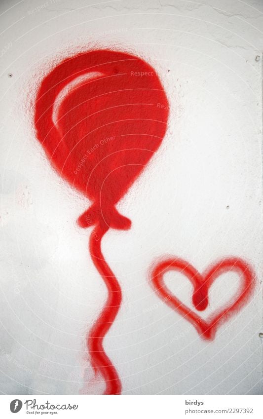 lightness Sign Graffiti Heart Balloon Authentic Happiness Positive Red White Joy Happy Spring fever Love Emotions Uniqueness full-frame image Colour photo