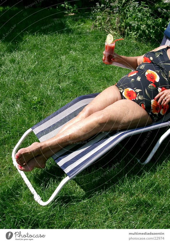 With drink Woman Beverage Sunbathing Slice of lemon Longdrink Couch Deckchair Tomato juice Swimsuit Naked Meadow Grass Green Pound Chic Summer Summer feeling