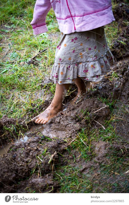 childhood Playing Parenting Child Feminine Girl Body 1 Human being 3 - 8 years Infancy Summer Autumn Meadow Muddy Skirt Going Poverty Authentic Wet Natural