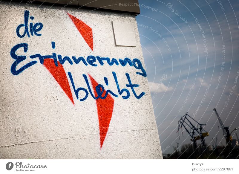 lasting memories Youth culture Port of Hamburg Wall (barrier) Wall (building) Harbour Crane Characters Graffiti Authentic Positive Town Blue Red White Optimism