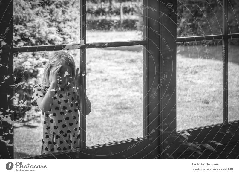 Girl looks through window Playing Children's game Trip Adventure Sightseeing Summer Flat (apartment) House (Residential Structure) Garden