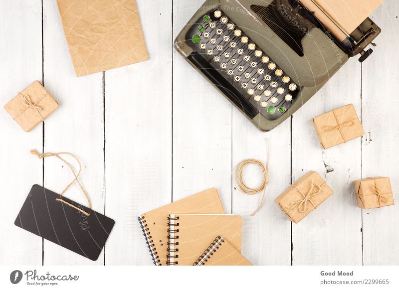 vintage typewriter, notepads, present boxes and mini blackboard Desk Table Blackboard Office Craft (trade) Business Rope Book Paper Pen Wood Signage