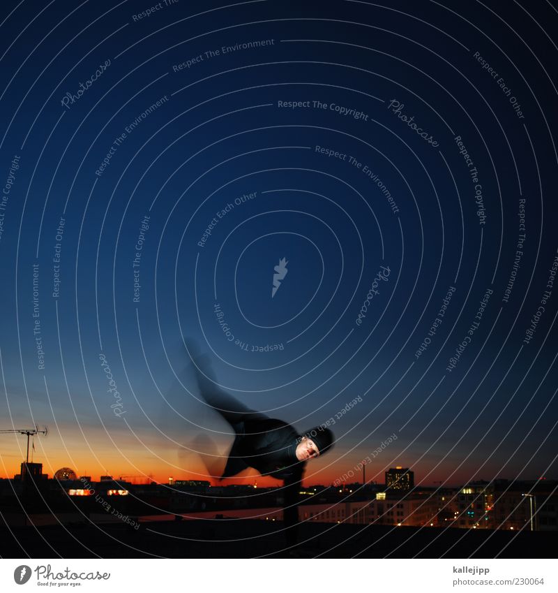 Night on earth Human being Masculine Man Adults Life 1 Town Capital city Skyline Jacket Jump Light Sunset Antenna Parkour Panorama (View) Colour photo