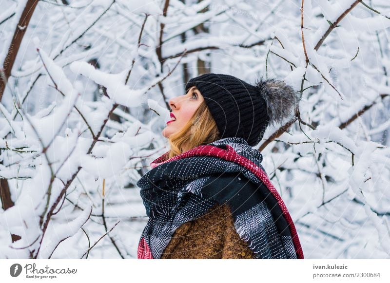 Beautiful blonde girl, walking through winter forest Lifestyle Style Joy Happy Skin Face Winter Snow Woman Adults 1 Human being 18 - 30 years