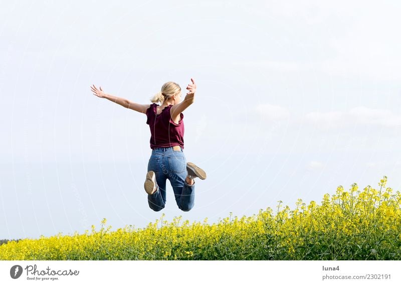 Leap into luck Joy Contentment Freedom Summer Success Young woman Youth (Young adults) Woman Adults Spring Field Movement Fitness Laughter Jump Athletic Tall