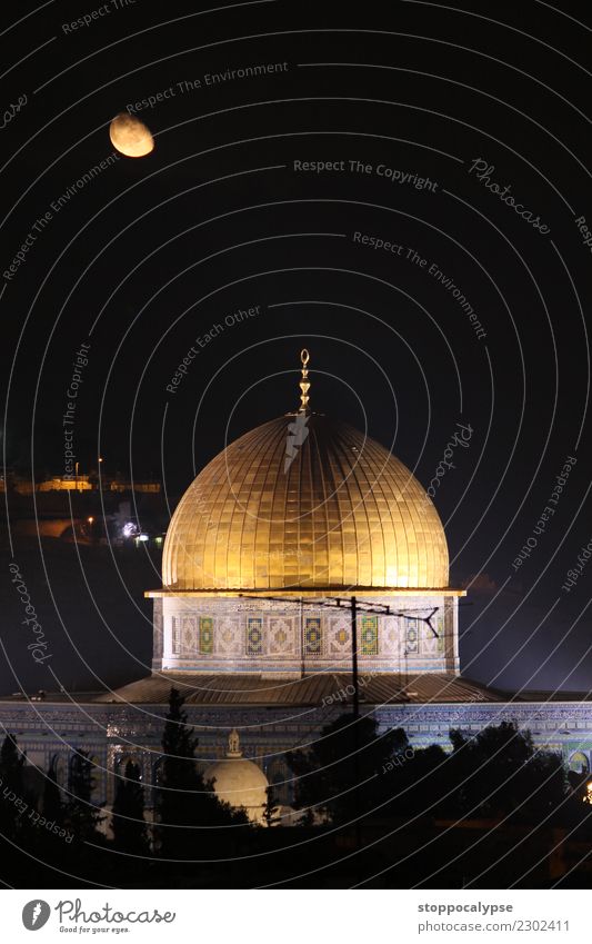 Rising moon over the Dome of the Rock Town Downtown Old town Manmade structures Architecture Tourist Attraction Exceptional Famousness Fantastic Round