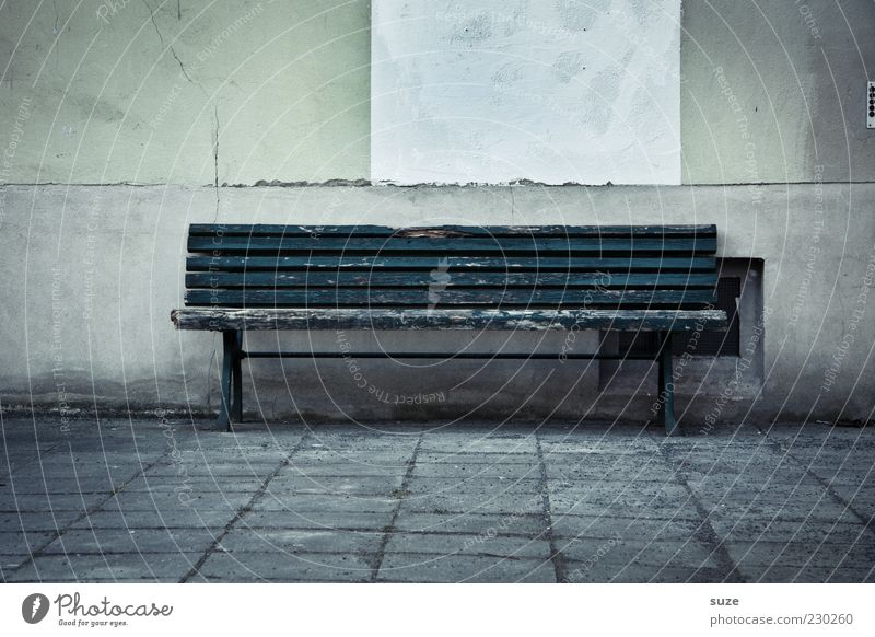 bankruptcy Wall (barrier) Wall (building) Old Dark Gloomy Loneliness Past Bench Empty Wooden bench Paving tiles Stone path Seating Colour photo Subdued colour