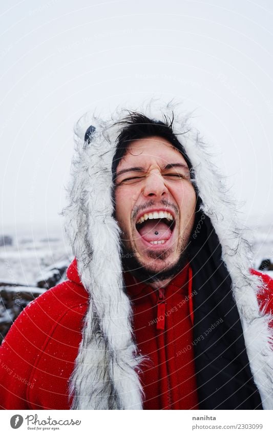 Young man screaming in a winter day Lifestyle Style Vacation & Travel Adventure Freedom Winter Snow Winter vacation Human being Masculine Young woman