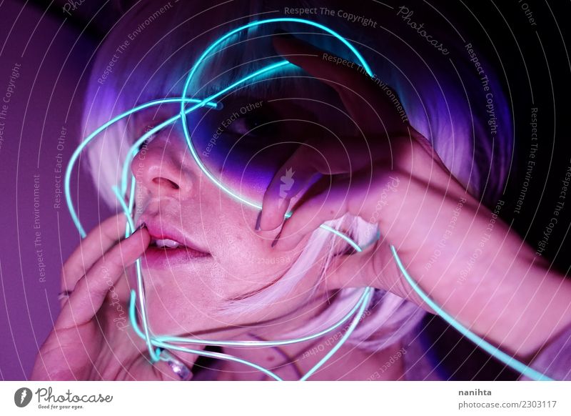 Abstract portrait with neon lights Lifestyle Design Exotic Hair and hairstyles Skin Face Night life Entertainment Party Event Human being Feminine Young woman