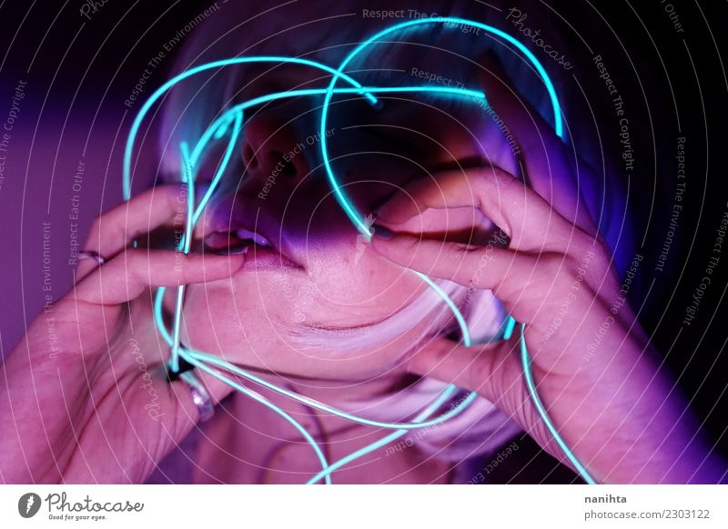 Abstract portrait with neon lights Lifestyle Style Exotic Hair and hairstyles Skin Face Night life Entertainment Party Event Human being Feminine Young woman