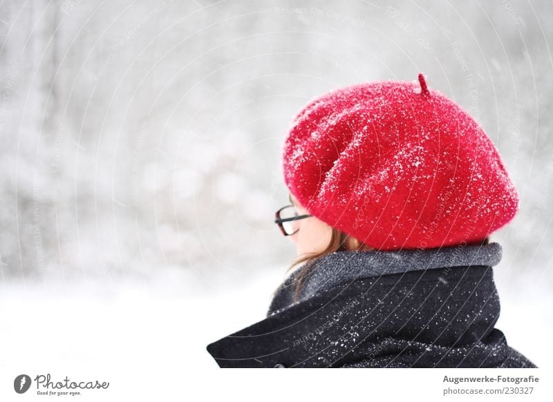 Little Red Riding Hood Human being Young woman Youth (Young adults) Head 1 18 - 30 years Adults Cap Snowfall Winter Colour photo Exterior shot Copy Space left