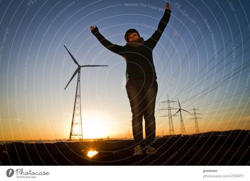 wind power Technology Energy industry Renewable energy Solar Power Energy crisis Human being Young woman Youth (Young adults) Arm 1 Environment Nature Sunrise