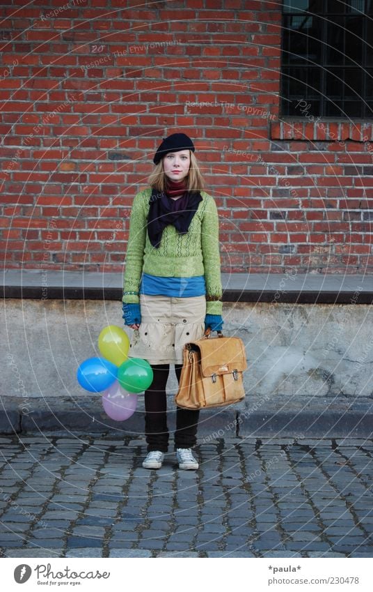 But where should we go? Lifestyle Young woman Youth (Young adults) 1 Human being 18 - 30 years Adults Train station Fashion Skirt Leather bag Cap Balloon Brick