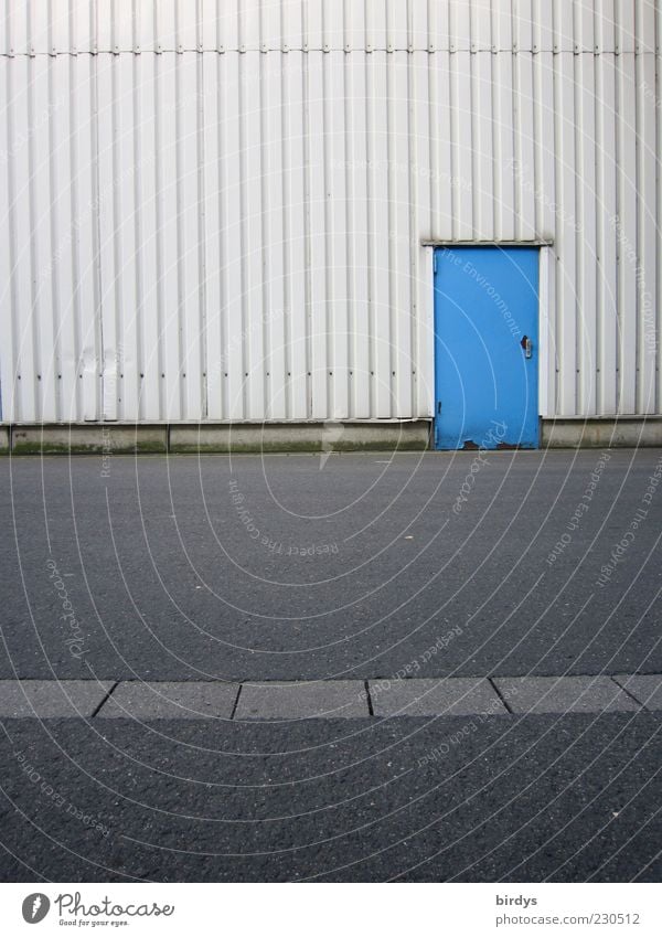 Blue door to the Maloche Factory Facade Door Warehouse Street Asphalt Simple Parallel Industrial site Contrast Front door Way out Colour photo Exterior shot