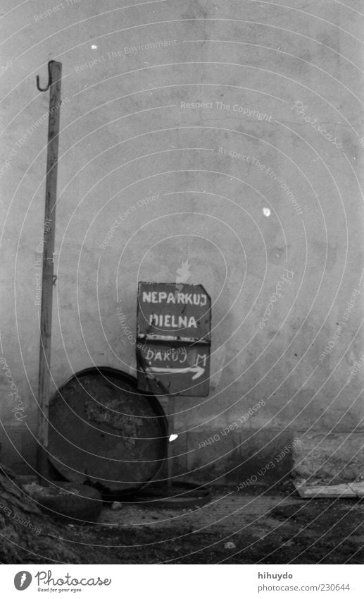 this way! Bratislava Deserted Wood Metal Sign Characters Signs and labeling Transience Black & white photo Exterior shot Close-up Structures and shapes