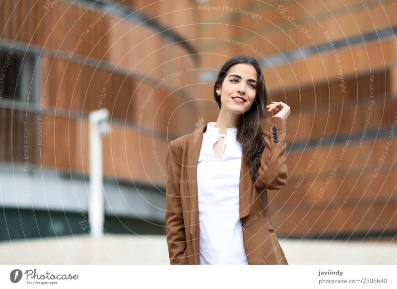 Young businesswoman standing outside of office building. Happy Beautiful Hair and hairstyles Workplace Office Business Human being Feminine Young woman