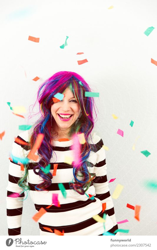 Colorful Jeck Human being Feminine Woman Adults 1 Laughter Crazy Joy Confetti Multicoloured To fall Carnival Wig Carnival fool Disguised Wild Exuberance