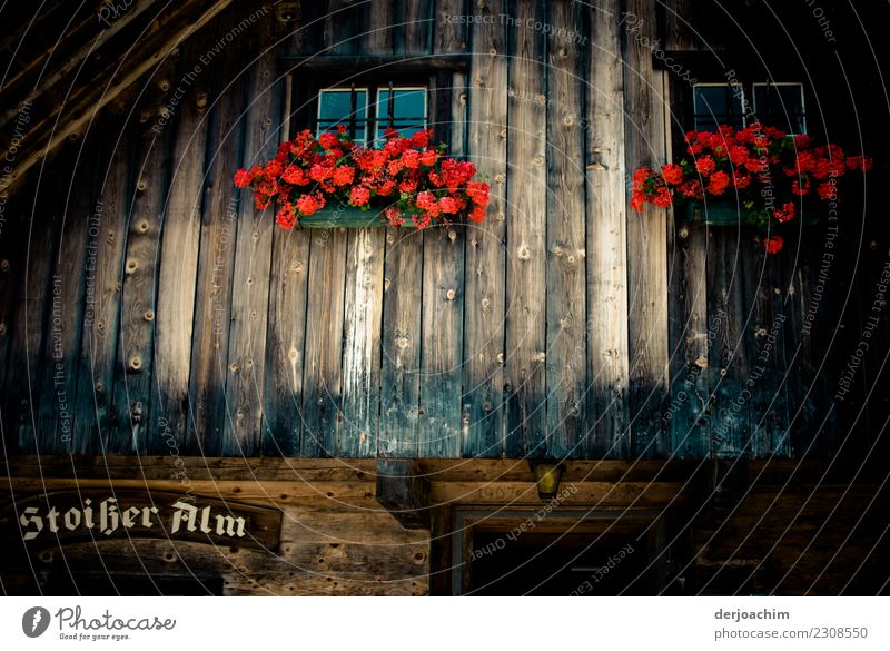 A warm welcome stands on a sign to the Stoißer Alm..flower boxes hang in front of two windows above. Vacation & Travel Mountain Hiking