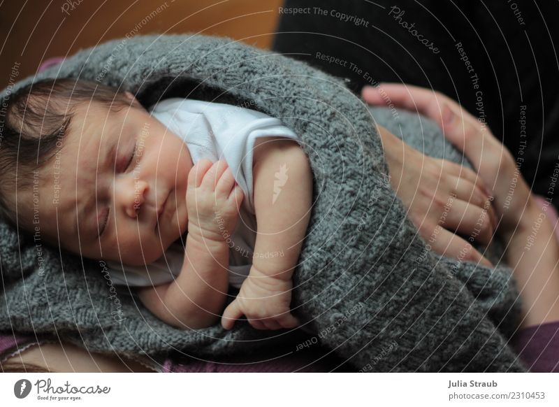 Baby newborn in a blanket sleeping on her arm Feminine Mother Adults 2 Human being 0 - 12 months Black-haired Short-haired To hold on Dream Cuddly Gray