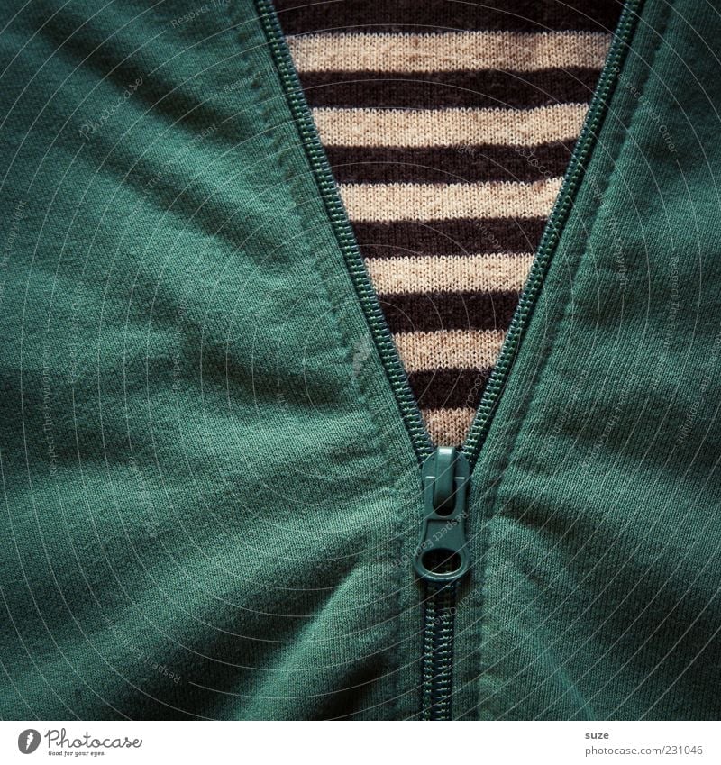 stripes Clothing Sweater Jacket Stripe Green Cotton Zipper Undo Close Wrinkles Textiles Cloth pattern Colour photo Interior shot Close-up Detail Pattern