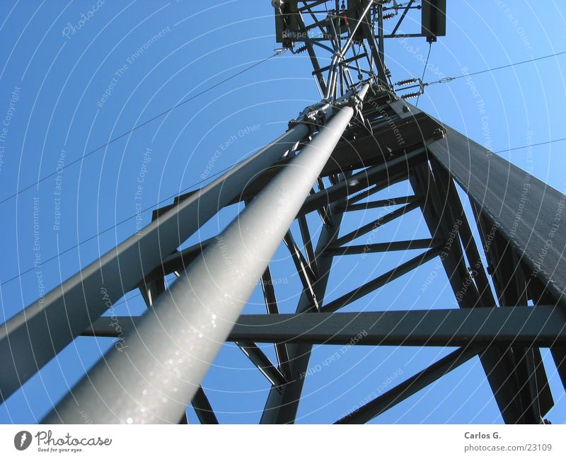 Power pole 2 Electricity Electricity pylon transformer station Sky Cable reclamping Section of image Detail Central perspective Skyward Vertical Upward
