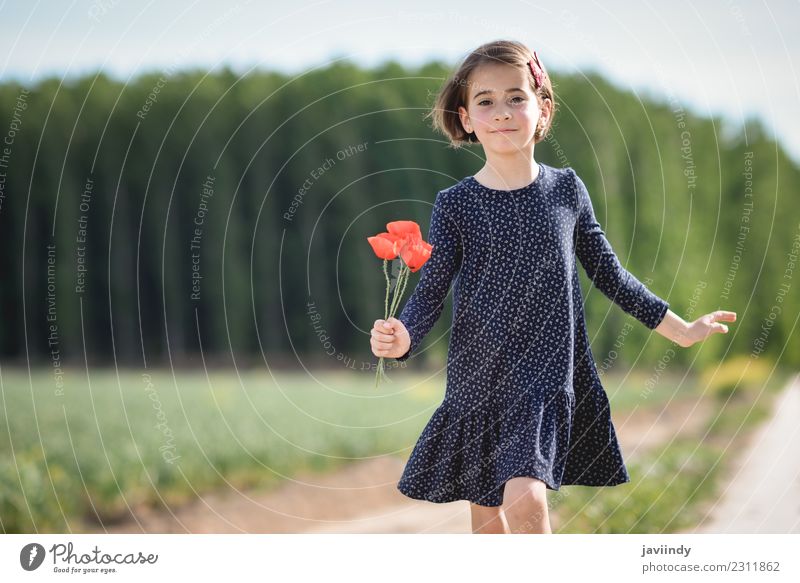 Little girl in nature wearing dress with poppies in her hand. Lifestyle Joy Happy Beautiful Playing Summer Child Human being Girl Woman Adults Infancy 1