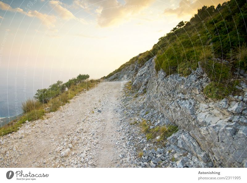 the way to the sea Environment Nature Landscape Plant Water Sky Clouds Sun Summer Weather Beautiful weather Tree Mountain Ocean Albania Lanes & trails Large