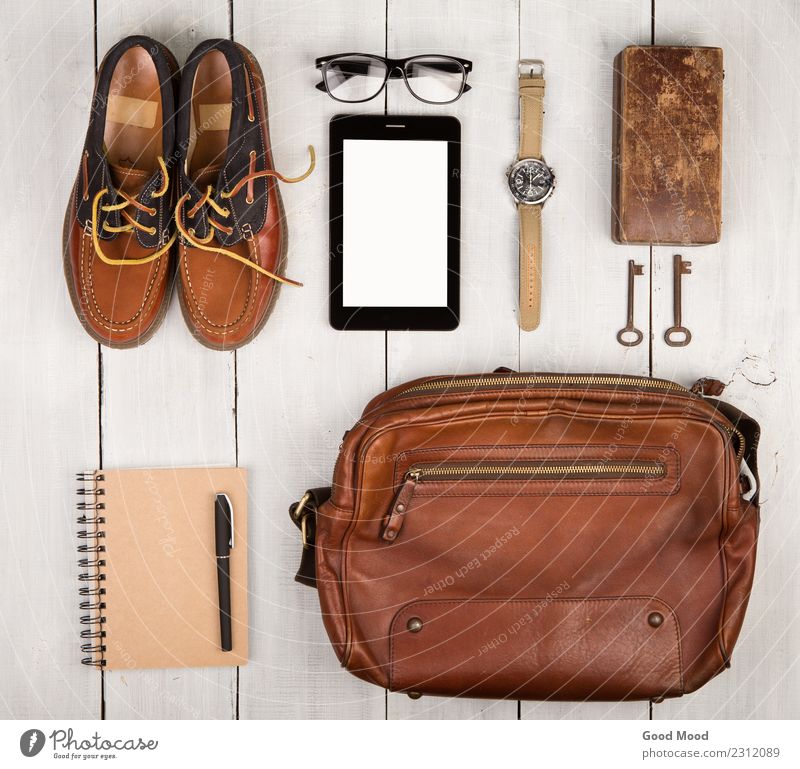 Travel concept - shoes, bag, tablet pc, notepad, watch, glasses Vacation & Travel Trip Desk Table Telephone PDA Computer Boy (child) Man Adults Fashion Clothing