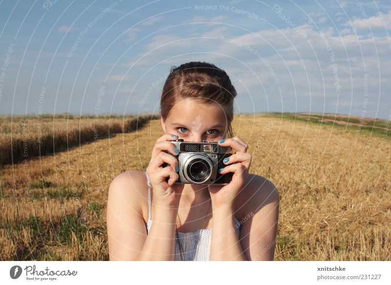 but not too shy!.. Nail polish Summer Camera Feminine Young woman Youth (Young adults) Head Hand Landscape Clouds Beautiful weather Field Part Utilize Observe