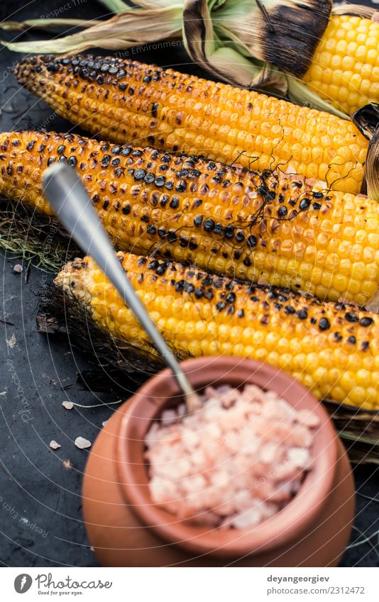 Roasted corn salted Vegetable Nutrition Vegetarian diet Summer Wood Hot Yellow White BBQ roasted food cob background Snack Vantage point Organic Rustic Top