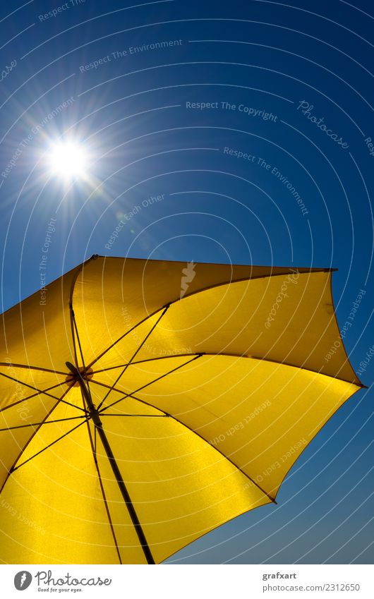 Yellow parasol with blue sky and shining sun Sunshade Hot Warmth Sunbeam Sky Summer Weather Climate Climate change Environment Nature Protection