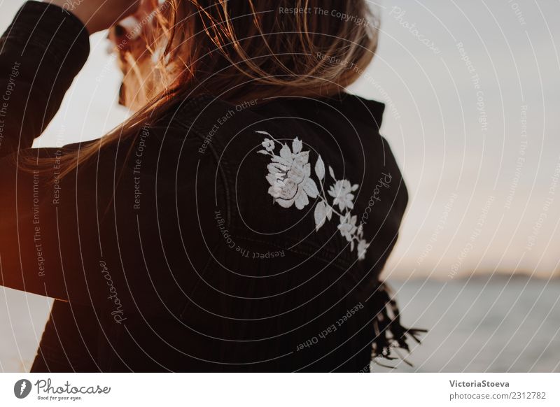 Jacket detail. Girl enjoying the sunset. Golden hour. Happy Beautiful Freedom Summer Sun Woman Adults Youth (Young adults) Hair and hairstyles Back Nature