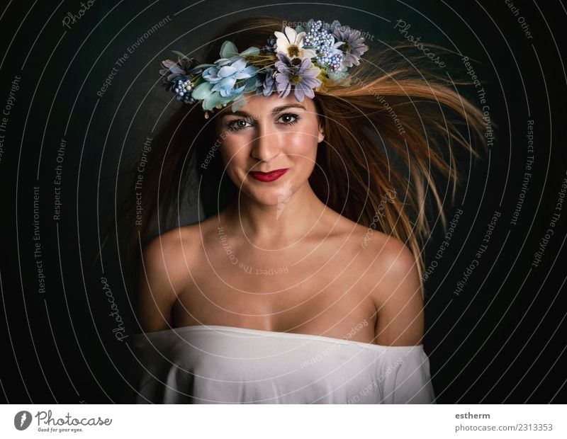 woman with flower wreath on black background Lifestyle Elegant Joy Beautiful Wellness Human being Feminine Young woman Youth (Young adults) Woman Adults 1