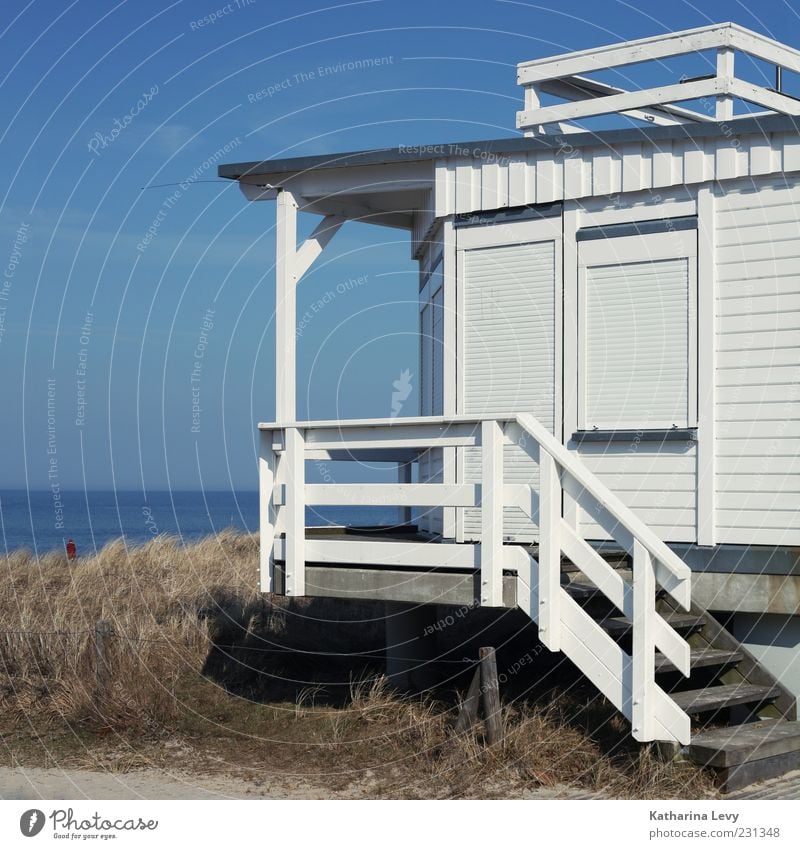 Visitor's tax, please! Summer Beach Ocean House (Residential Structure) Sky Horizon Beautiful weather Marram grass Blue White Safety Protection Loneliness Hut