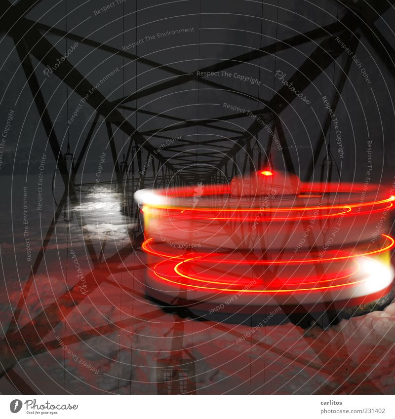 rotational energy Winter Snow Rotate Illuminate Exceptional Movement Electricity pylon Energy Red Black Construction Tracer path Double exposure Colour photo