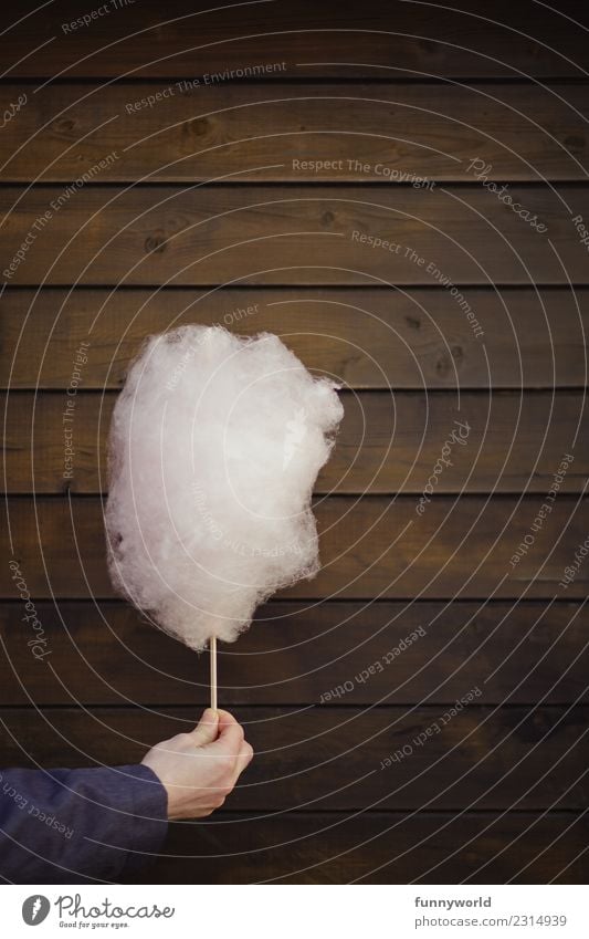 Hand holds pink cotton candy Large Delicious Funny Sweet Joy Cotton candy Pink Stop Indicate Donate Fairs & Carnivals Wood Wooden wall Wooden board Brown