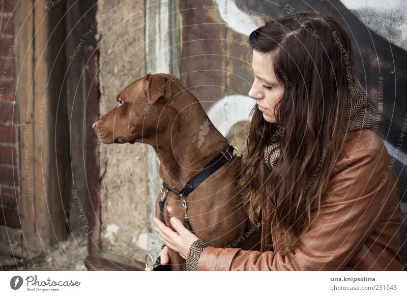two Feminine Young woman Youth (Young adults) Woman Adults 1 Human being 18 - 30 years Brunette Long-haired Animal Pet Dog To hold on Embrace Brown Walk the dog